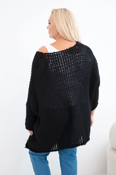 Sweter damski ażurowy oversize z dekoltem V i dłuższym tyłem czarny