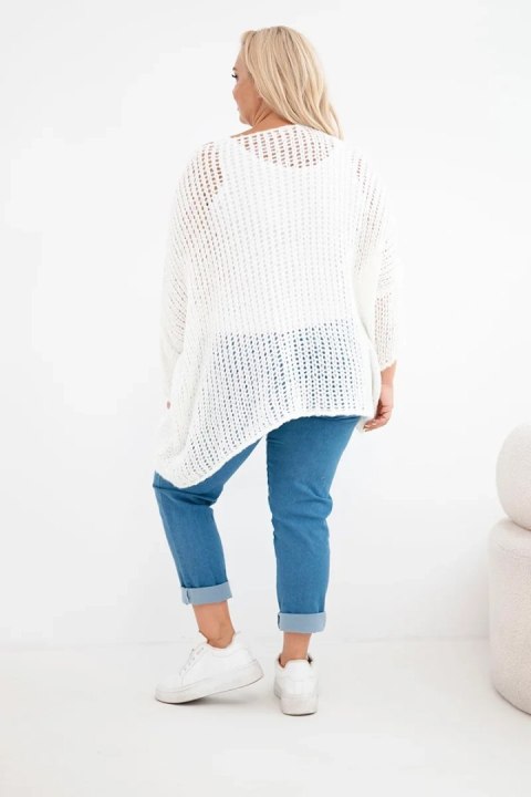 Sweter damski ażurowy oversize z dekoltem V i dłuższym tyłem ecru