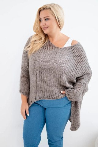 Sweter damski ażurowy oversize z dekoltem V i dłuższym tyłem fango