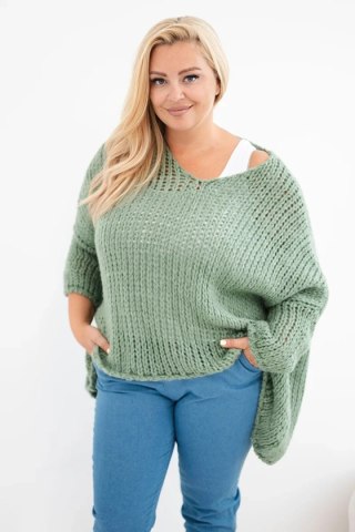 Sweter damski ażurowy oversize z dekoltem V i dłuższym tyłem khaki