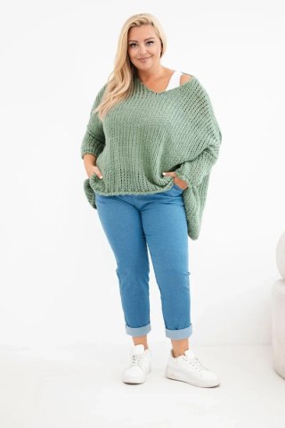 Sweter damski ażurowy oversize z dekoltem V i dłuższym tyłem khaki