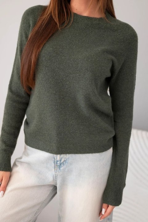 Sweter damski z baby alpaki z długim rękawem i okrągłym dekoltem khaki