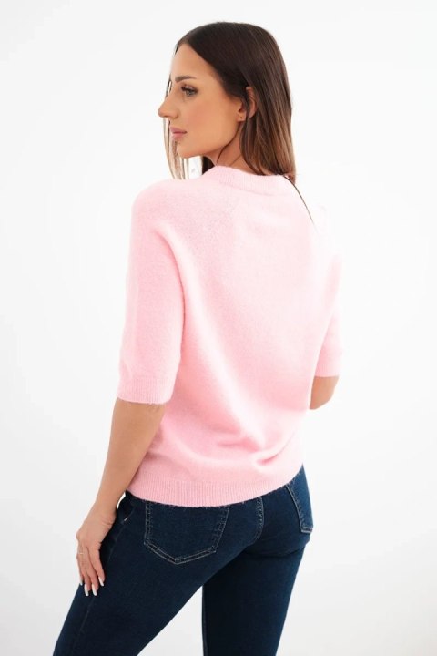 Sweter damski z baby alpaki z krótkim rękawem i okrągłym dekoltem cukierkowy róż