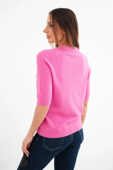 Sweter damski z baby alpaki z krótkim rękawem i okrągłym dekoltem różowy