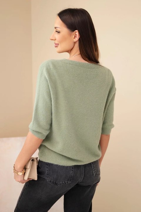 Sweter damski z dekoltem V i rękawem 3/4 khaki