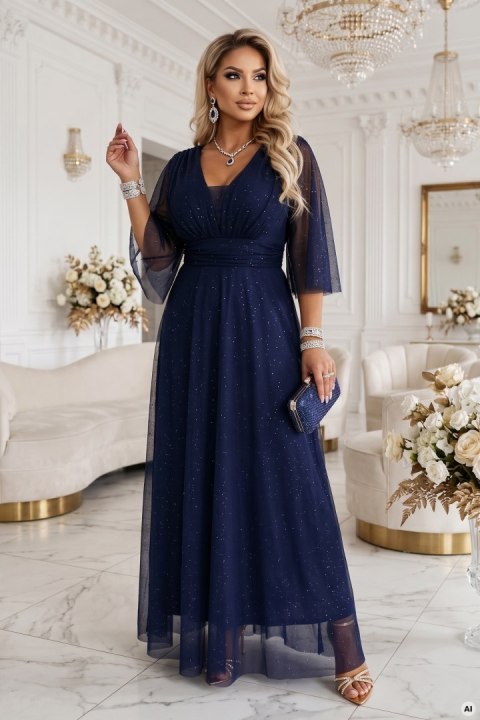 654-7 Długa połyskująca sukienka plus size z dekoltem i transparentnym rękawkiem - granatowa - UNI