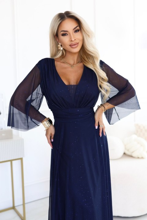 654-7 Długa połyskująca sukienka plus size z dekoltem i transparentnym rękawkiem - granatowa - UNI