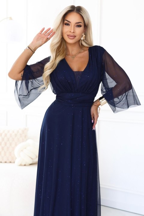 654-7 Długa połyskująca sukienka plus size z dekoltem i transparentnym rękawkiem - granatowa - UNI