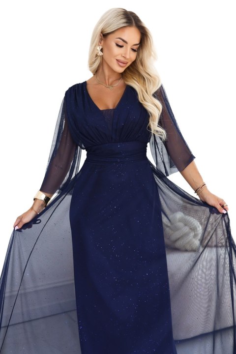 654-7 Długa połyskująca sukienka plus size z dekoltem i transparentnym rękawkiem - granatowa - UNI
