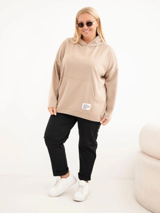 Bluza damska Plus Size masełko z kapturem i kieszenią kangurką camelowa