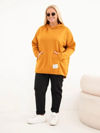 Bluza damska Plus Size masełko z kapturem i kieszenią kangurką musztardowa