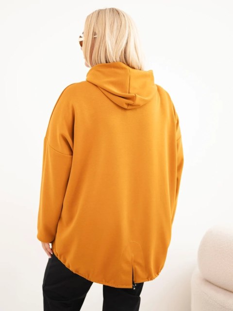 Bluza damska Plus Size masełko z kapturem i kieszenią kangurką musztardowa