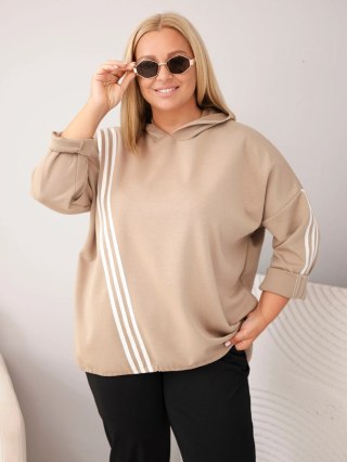 Bluza damska Plus Size wiskozowa z kapturem i ozdobnymi paskami camelowa