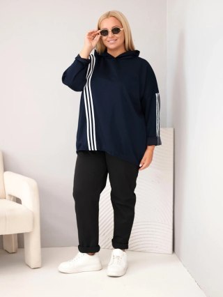 Bluza damska Plus Size wiskozowa z kapturem i ozdobnymi paskami granatowa