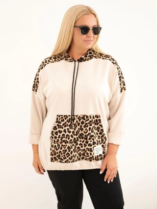 Bluza damska Plus Size wiskozowa z kapturem i wstawkami w panterkę beżowa