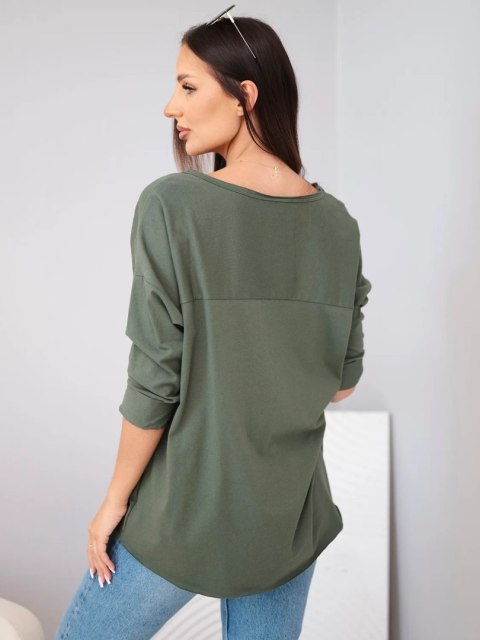 Bluzka damska bawełniana oversize z dekoltem V i wydłużonym tyłem khaki