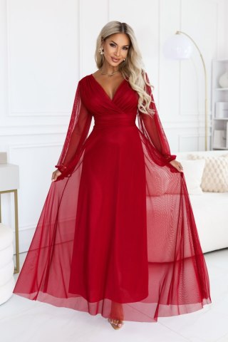 684-1 NERISSA elegancka tiulowa sukienka maxi z kopertowym dekoltem - jasne bordo - UNI