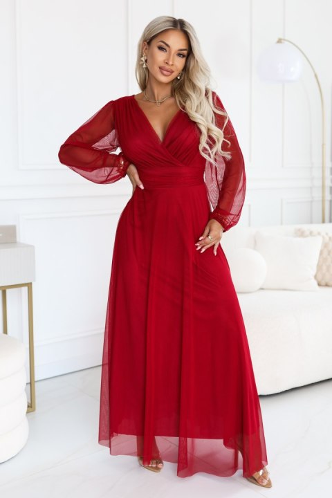 684-1 NERISSA elegancka tiulowa sukienka maxi z kopertowym dekoltem - jasne bordo - UNI