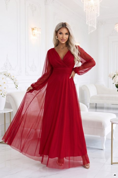 684-1 NERISSA elegancka tiulowa sukienka maxi z kopertowym dekoltem - jasne bordo - UNI
