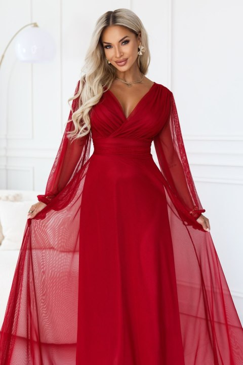684-1 NERISSA elegancka tiulowa sukienka maxi z kopertowym dekoltem - jasne bordo - UNI