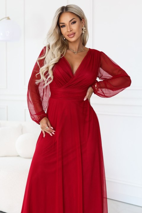 684-1 NERISSA elegancka tiulowa sukienka maxi z kopertowym dekoltem - jasne bordo - UNI