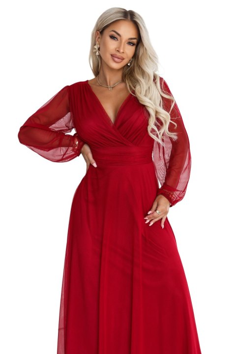 684-1 NERISSA elegancka tiulowa sukienka maxi z kopertowym dekoltem - jasne bordo - UNI