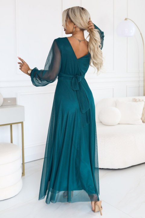 684-2 NERISSA elegancka tiulowa sukienka maxi z kopertowym dekoltem - zieleń morska - UNI