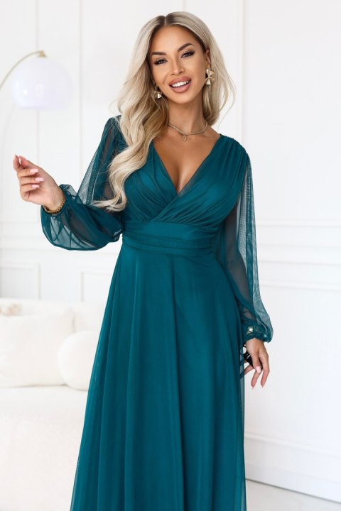 684-2 NERISSA elegancka tiulowa sukienka maxi z kopertowym dekoltem - zieleń morska - UNI