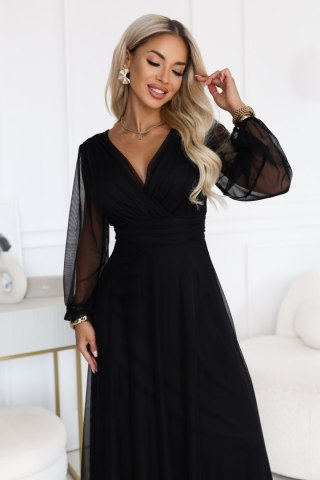 684-4 NERISSA elegancka tiulowa sukienka maxi z kopertowym dekoltem - czarna - UNI