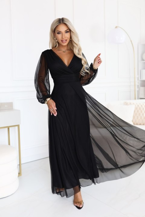 684-4 NERISSA elegancka tiulowa sukienka maxi z kopertowym dekoltem - czarna - UNI