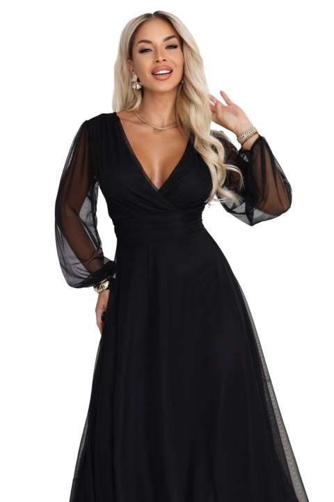684-4 NERISSA elegancka tiulowa sukienka maxi z kopertowym dekoltem - czarna - UNI