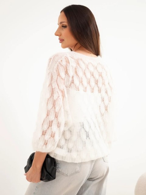 Sweter damski w 70% z kid moheru ażurowy z krótkim rękawem ecru