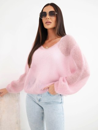 Sweter damski w 70% z kid moheru z dekoltem V o luźnym fasonie cukierkowy róż