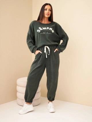 Komplet damski sztruksowy z bluzą i spodniami jogger khaki