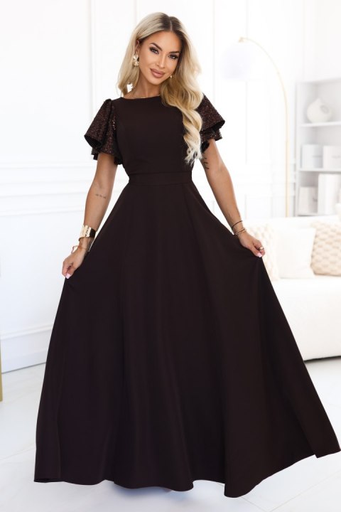 694-2 MIRELLA Elegancka rozkloszowana sukienka maxi z cekinowymi rękawami - czekoladowy brąz - L