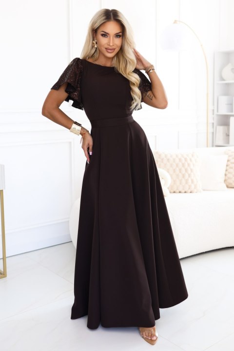 694-2 MIRELLA Elegancka rozkloszowana sukienka maxi z cekinowymi rękawami - czekoladowy brąz - L