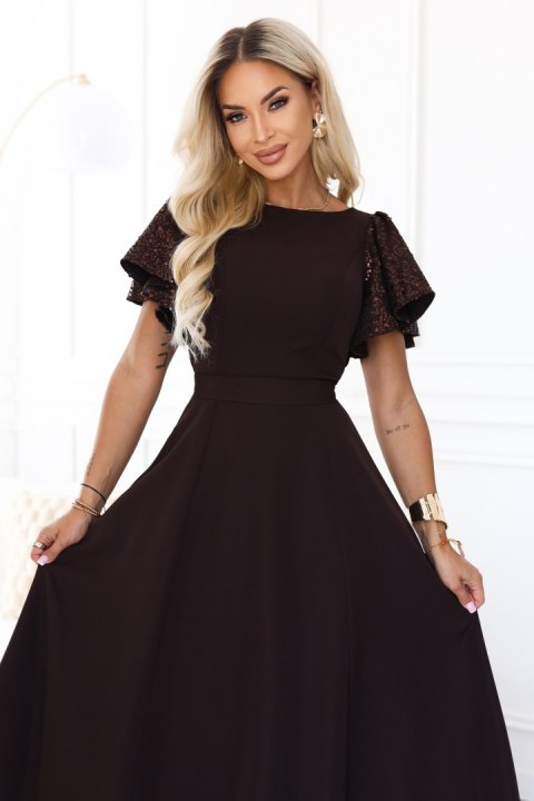 694-2 MIRELLA Elegancka rozkloszowana sukienka maxi z cekinowymi rękawami - czekoladowy brąz - L