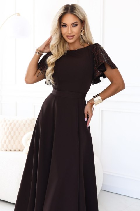 694-2 MIRELLA Elegancka rozkloszowana sukienka maxi z cekinowymi rękawami - czekoladowy brąz - L