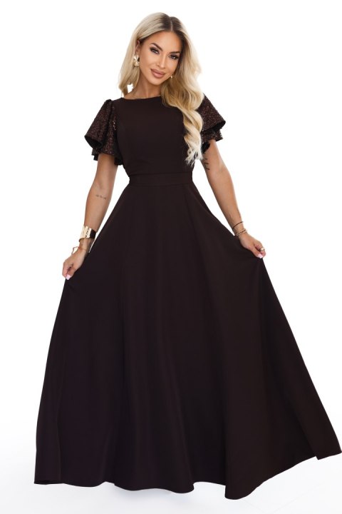 694-2 MIRELLA Elegancka rozkloszowana sukienka maxi z cekinowymi rękawami - czekoladowy brąz - L