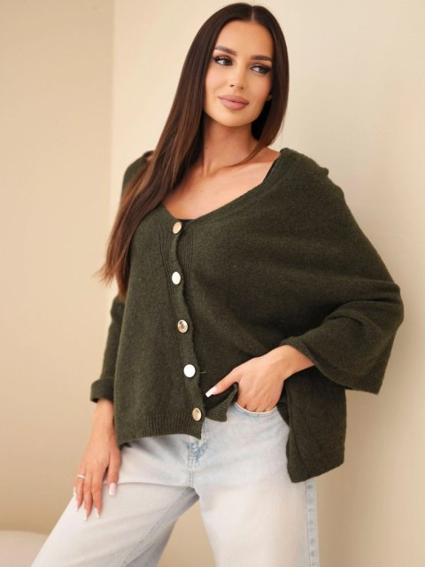 Sweter damski ponczo z baby alpaki z guzikami khaki