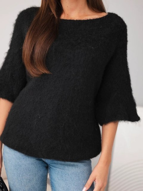 Sweter damski z krótkim rękawem i szerokim dekoltem czarny