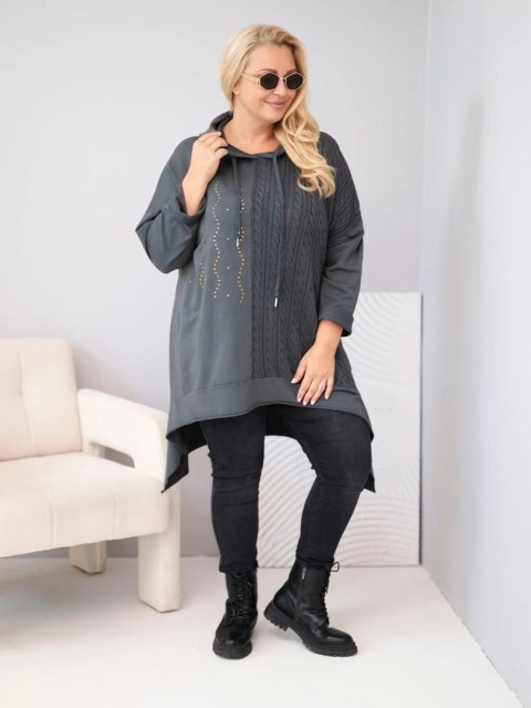 Bluza damska bawełniana Plus Size z kapturem i plecioną wstawką grafitowa