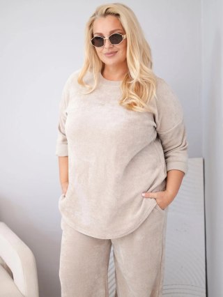 Komplet damski Plus Size z wiskozy sztruksowy z szerokimi spodniami i bluzą beżowy