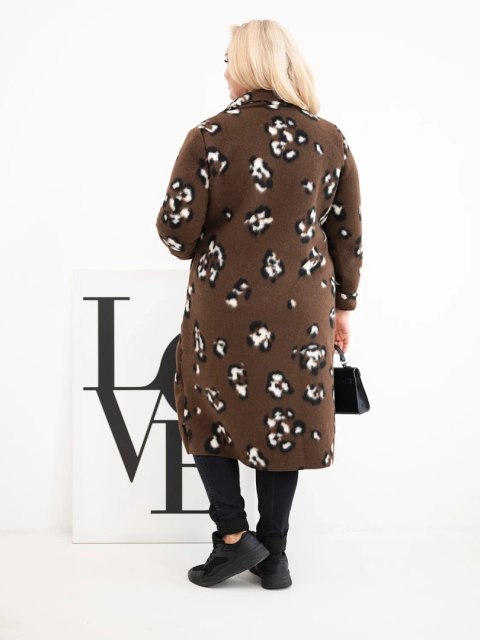 Płaszcz damski elegancki Plus Size w panterkę z klapami brązowy
