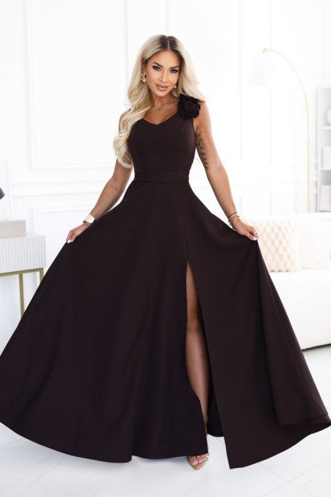 643-10 Elegancka wieczorowa suknia maxi z rozcięciem i różami - czekoladowy brąz - XS