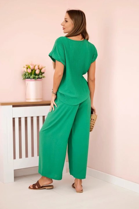 Komplet z wiskozy bluzka plisowana + spodnie zielona