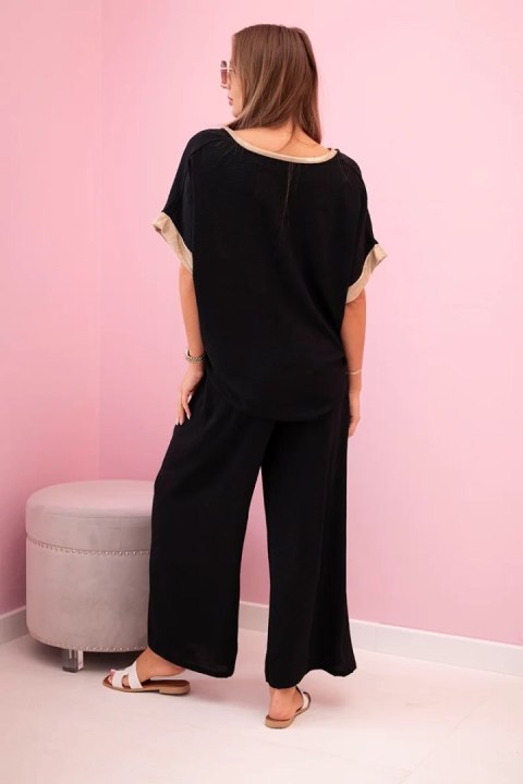 Komplet z wiskozy ze złotym obszyciem czarny