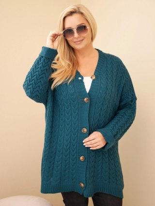 Kardigan damski Plus Size z guzikami i wzorem warkoczowym morski