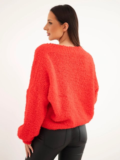 Sweter damski z moherem kopertowy z ozdobnymi guzikami czerwony