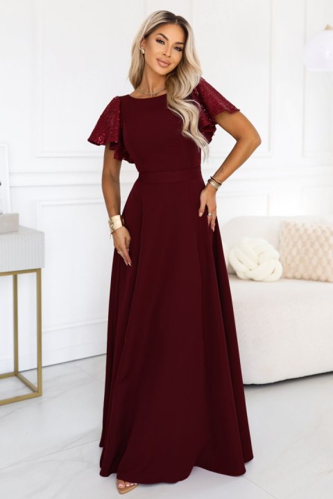 694-3 MIRELLA Elegancka rozkloszowana sukienka maxi z cekinowymi rękawami - bordowa - XL